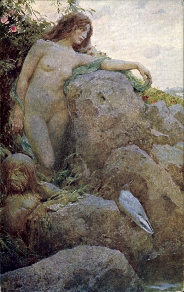 Künstler Ak Böttinger, H., Nackte Frau, Felsen, Vogel