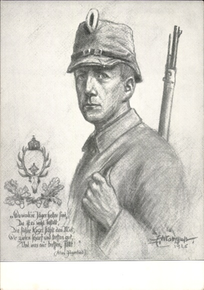 Artist Postcard Hunters in Uniform 1926, Where brave hunters are helpers
