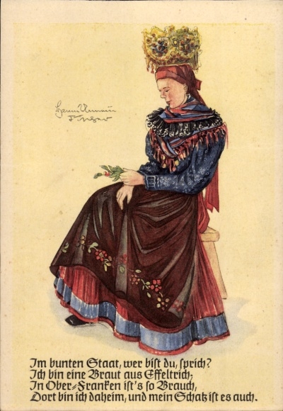 Artist Postcard Fischer, HU, In the colorful state, who are you, say, I am a bride from Effeltrich