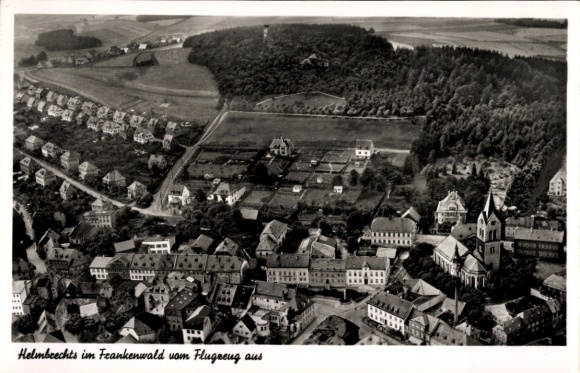 Postcard Helmbrechts in Upper Franconia, Franconian Forest, aerial photograph