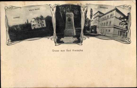 Postcard Kreischa near Dresden, Villa Dr. Bartels, sanatorium, monument Moltke