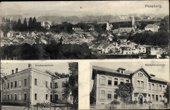 Postcard Penzberg in Upper Bavaria, general view, boys' school, girls' school