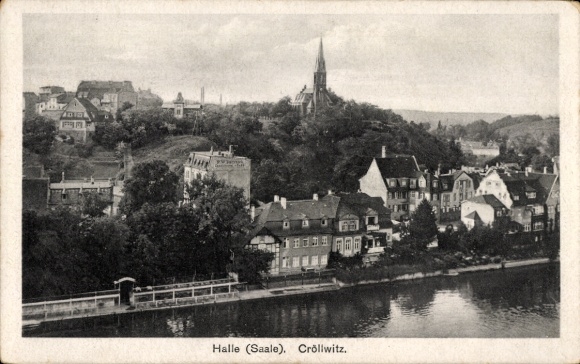 Postcard Kröllwitz Halle an der Saale, city view of Cröllwitz, church, Saale, houses