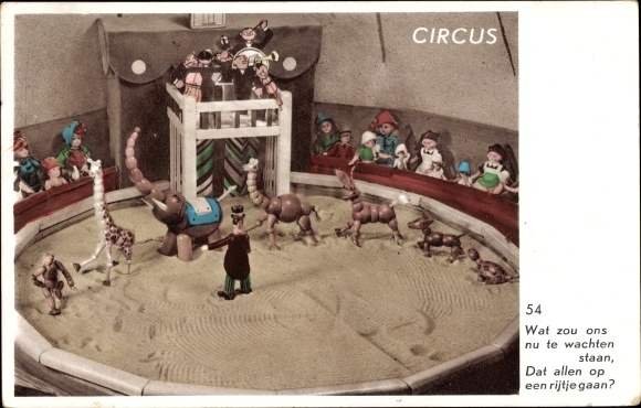Postcard circus, manege, wooden figures, animal training, elephant, giraffe