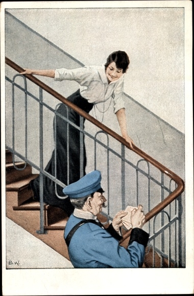 Kunstenaar ansichtkaart Wennerberg, Bruno, De veldpostbrief, vrouw, postbode