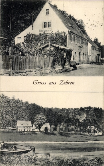 Ak Diera Zehren in Sachsen, Gasthaus Spitzhaus, Flusspartie, Ortsansicht