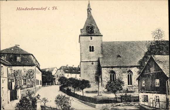 PC Münchenbernsdorf in Thuringia, street section, houses, church