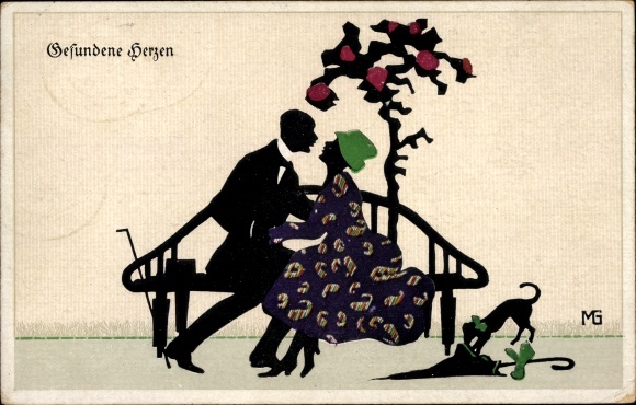 Paper cut PC Graf, Marte, Fasto silhouettes, found hearts, lovers on a bench