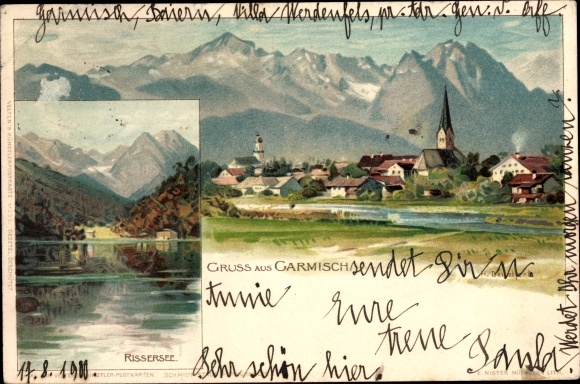 Artist Chromo-Litho Deuchert, H., Garmisch Partenkirchen in Upper Bavaria, general view, Rissersee