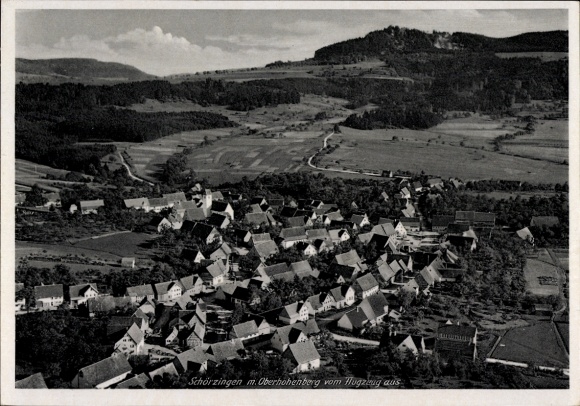 Postcard Schörzingen Schömberg in the Zollernalb district, aerial view of Oberhohenberg in the background, rural