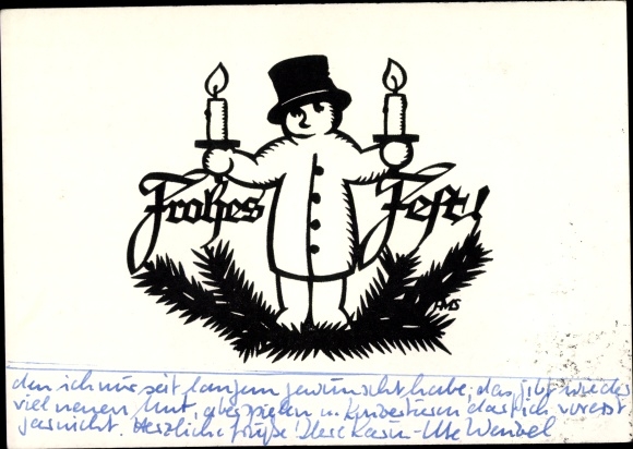 Paper cut Postcard Schwindt, AM, Happy Christmas, snowman with candles