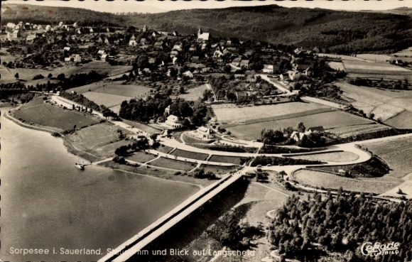 Postcard Langscheid at the Sorpesee Sundern in the Sauerland, aerial photograph, dam, Sorpesee
