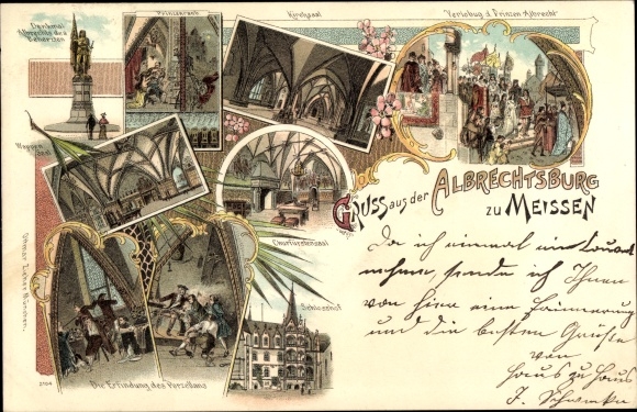 Chromo-Litho Meissen on the Elbe, Albrechtsburg, invention of porcelain, courtyard