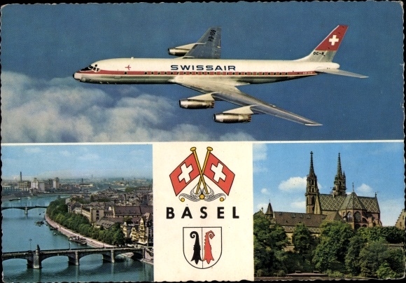 Coat of arms PC Basel Switzerland, view of a Swissair passenger plane