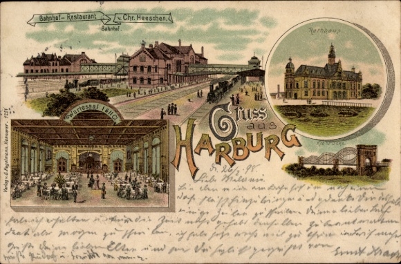 Chromo-Litho Hamburg Harburg, train station restaurant, waiting room, town hall, Elbe bridge