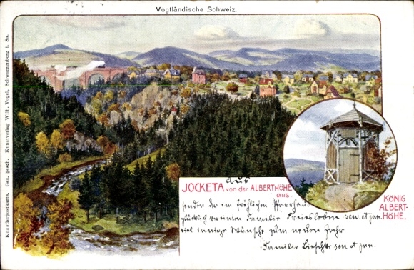 Artist Postcard Jocketa Pöhl Vogtland, Panorama, King Albert Height