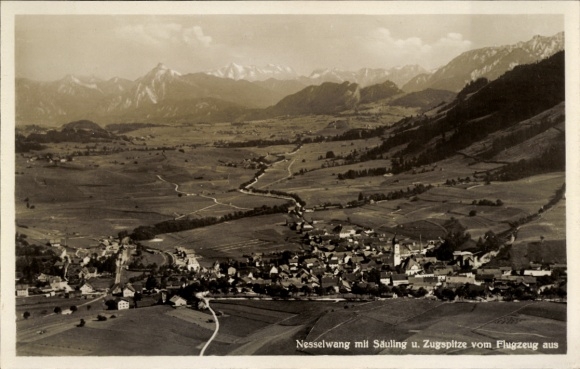 Postcard Nesselwang in Allgäu, Nesselwang with Sauling, Zugspitze, mountain landscape, aerial photograph