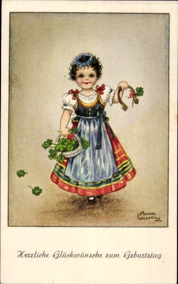 Artist Postcard Petersen, H., Happy Birthday, Girl in Traditional Costume, Lucky Clover