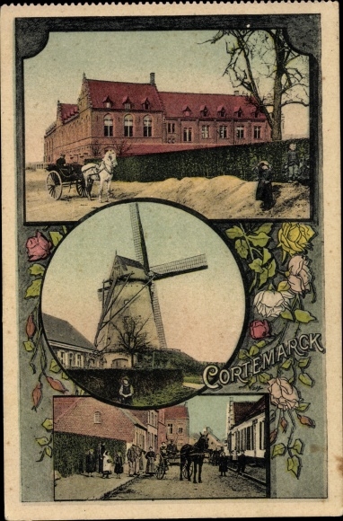 Postcard Cortemarck Kortemark West Flanders, windmill, town views