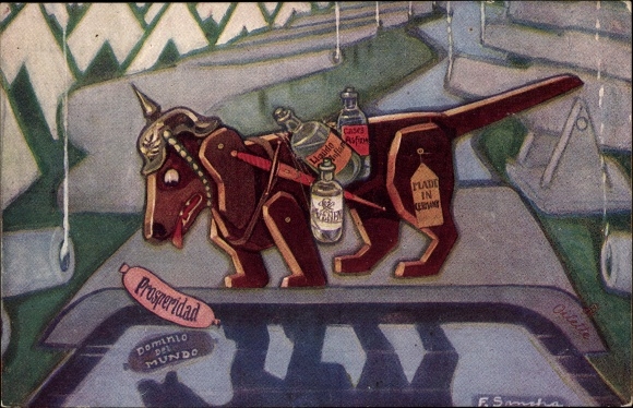 Artist Postcard De Hond en zijn schaduw, dachshund, cannon, allegory of the German Empire, fable, caricature