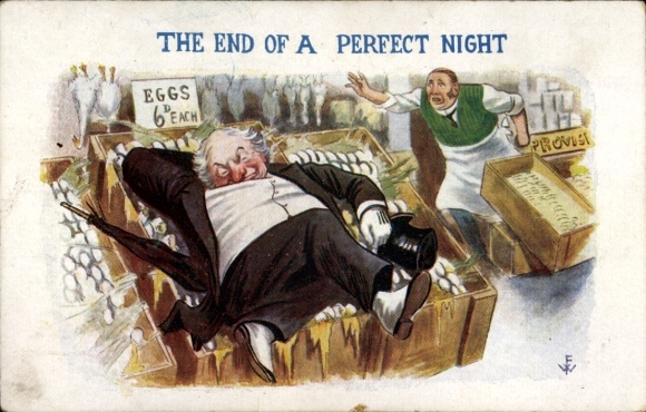 Artist Postcard The end of a perfect night, drunk man sleeps on a market stall with eggs