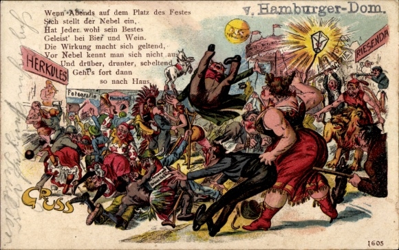 Chromo-Litho Hamburger Dom, visitors, fight, poem When in the evening on the square of the festival