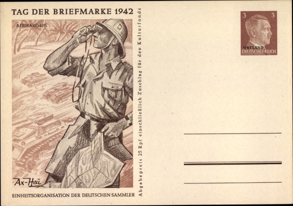 Postal stationery artist PC Axster Heudtlass, stamp day 1942, Afrika Korps, tanks