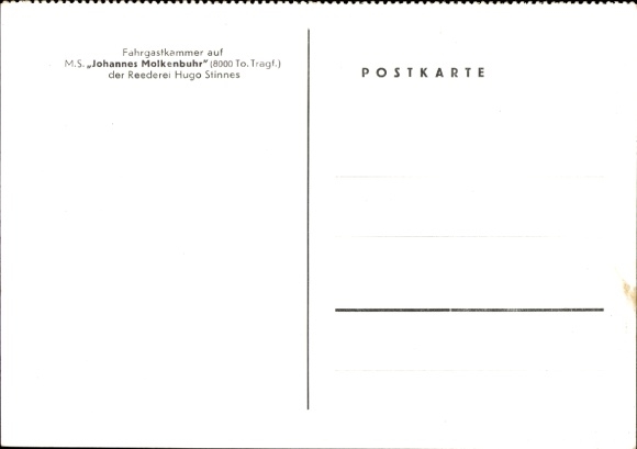Ak MS Johannes Molkenbuhr, passagierscabine, Hugo Stinnes Shipping Company