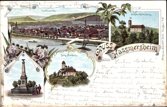 Chromo-Litho Haßmersheim Neckar Odenwald district, Guttenberg Castle, Hornberg Castle, war memorial