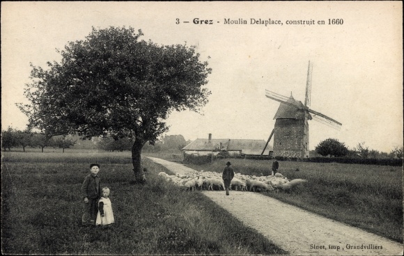 Ak Grez Seine-et-Marne, Moulin Delaplace, Windmühle, Schafherde mit Schäfer, Kinder, Baum