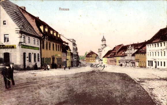 Postcard Nossen in Saxony, city view anchor, buildings, people on the street