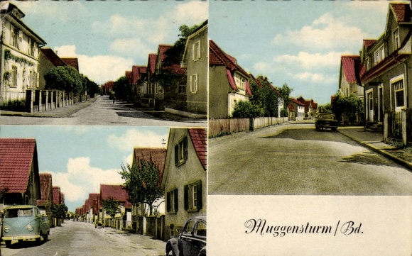 Postcard Muggensturm in Baden, street sections, Westermann stationery store, VW bus