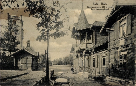 Postcard Suhl in Thuringia, Bismarck Tower, 696 m above sea level, wooden building, park-like surroundings