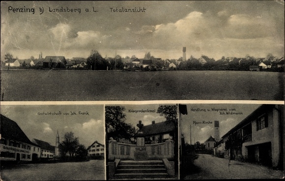 Postcard Penzing in Oberbayern, inn, total view, war memorial, parish church