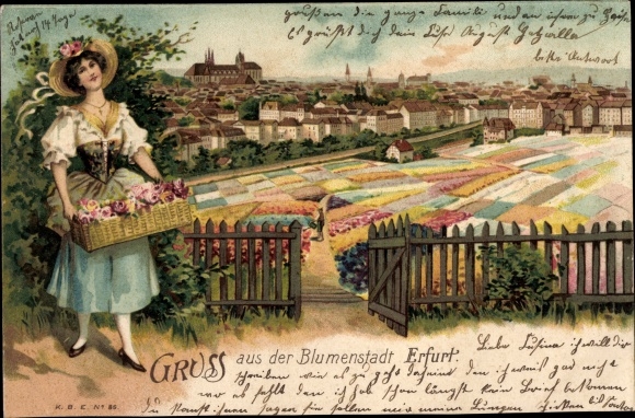 Chromo-Litho Erfurt in Thuringia, woman with flowers, town with landscape view