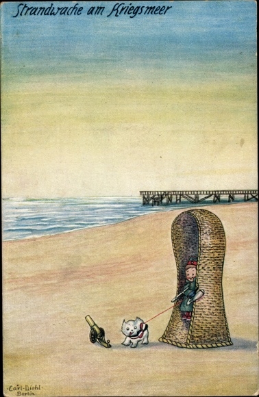 Kunstenaarskaart Diehl, Carl, strandwachter aan de oorlogszee, strandstoel, geweer, hond, I. WW