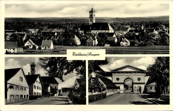 Ak Türkheim in Schwaben Beieren, panorama, kerk, straat, poort