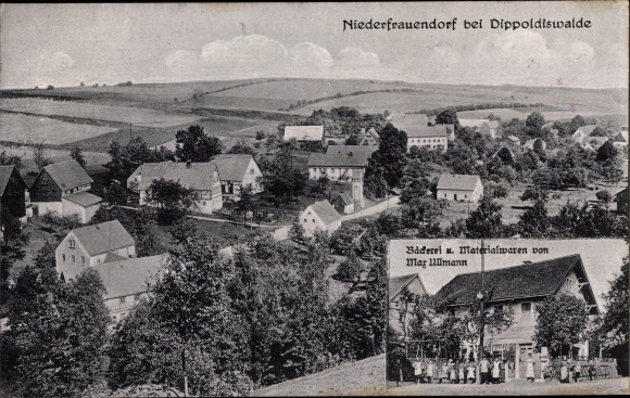 Postcard Niederfrauendorf Glashütte in the Eastern Ore Mountains, view of the town, bakery, material goods store
