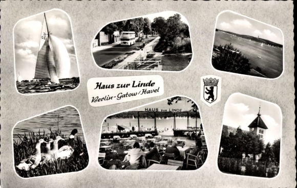 Ak Berlin Spandau Gatow, Haus zur Linde am See, Wappen, Segelboot, Terrasse