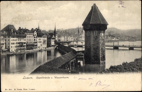 Postcard Luzern Stadt, view of the Chapel Bridge and Water Tower, church