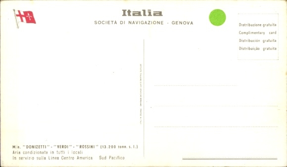 Postcard passenger ship MN Donizetti, Verdi, Rossini, Societa di Navigazione, Genova