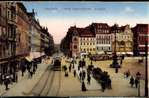 KP Dresden Stare Miasto, król Johann-Straße, Altmarkt, ludzie, tramwaje, sklepy