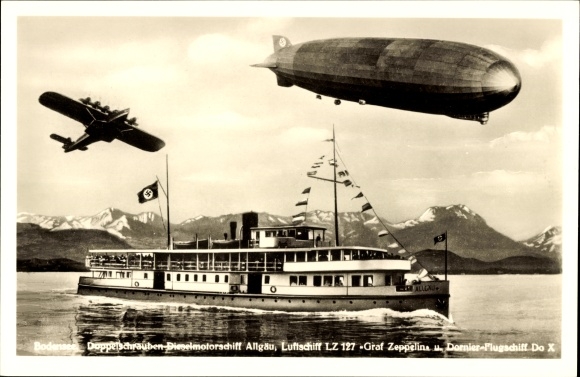 KP Bodensee, dwuślimakowy statek motorowy z silnikiem wysokoprężnym Allgäu, sterowiec LZ 127 Graf Zeppelin, Dornier Do X