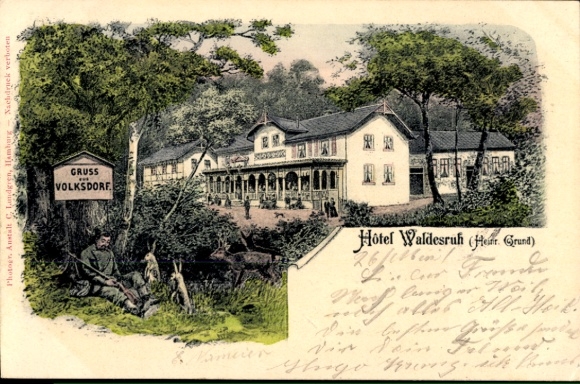Ansichtkaart Hamburg Wandsbek Volksdorf, Hotel Waldesruh, jagers, konijnen, herten