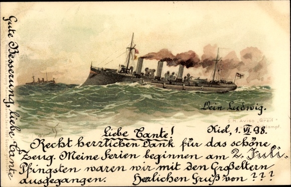 Artist Chromo-Litho Bohrdt, Hans, Chromo-Litho German warship, SM Aviso Greif under full steam