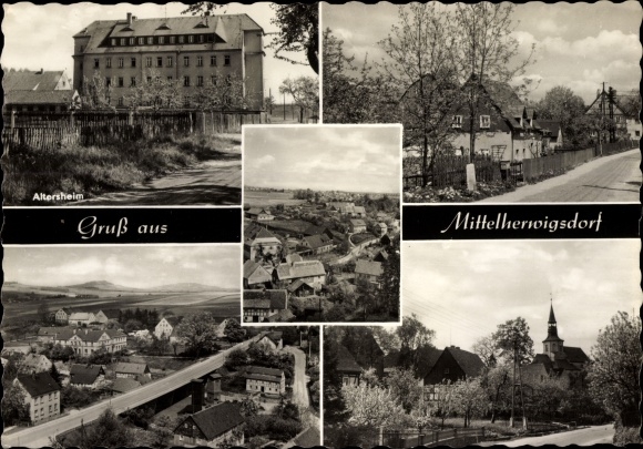 Postcard Mittelherwigsdorf in Oberlausitz, retirement home, church, panorama