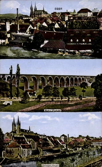 Postcard Cheb Eger Region Karlovy Vary, partial view, railway viaduct, Unterer Anger