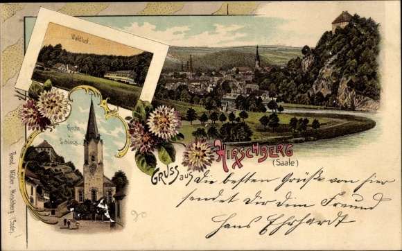 Chromo-Litho Hirschberg an der Saale, Waldlust, church, castle