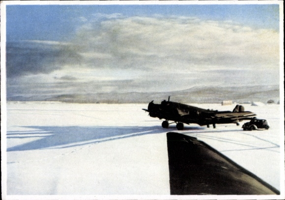 Postcard Junkers Ju 52 3/m transport aircraft on a winter field airfield in Norway, Luftwaffe