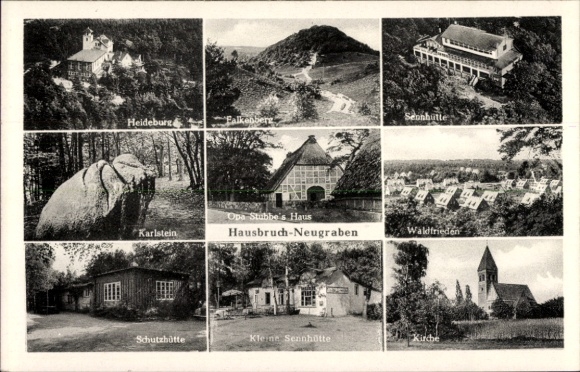 Postcard Hamburg Harburg Hausbruch Neugraben, Falkenberg, Heideburg, Church, Karlstein, Sennhütte